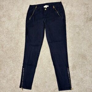 Michael Kors Womens Skinny Pants Ankle Cut Navy Blue Gold Zipper Accents, Sz 8